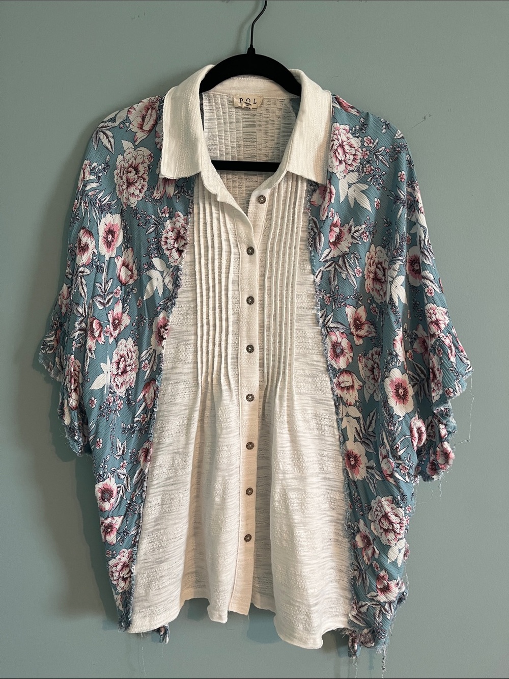 POL Floral Blue Tunic with Cream Button Front